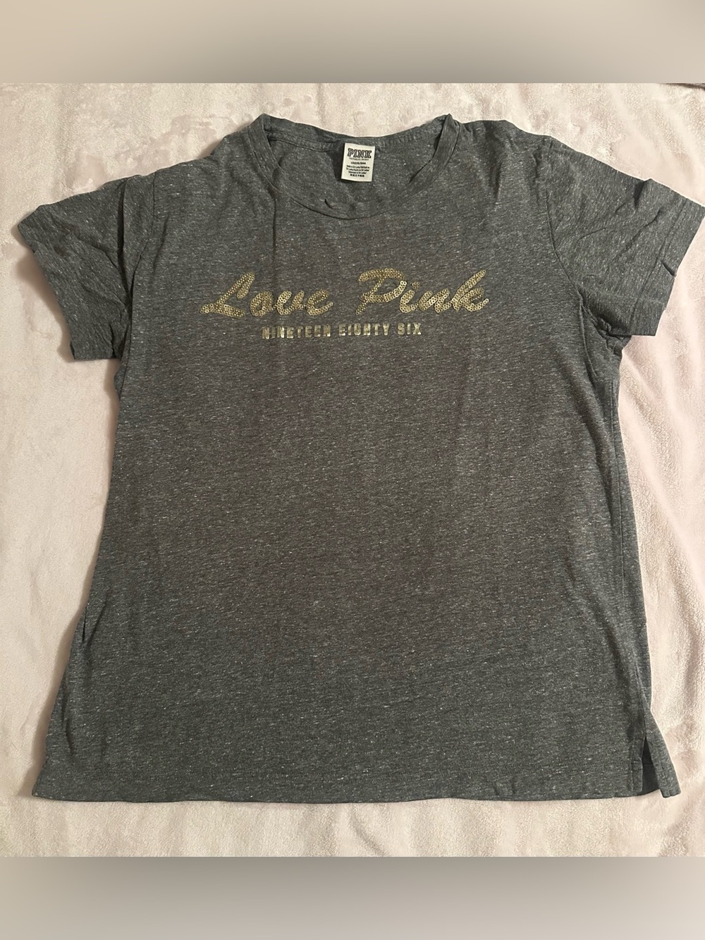 PINK Victoria's Secret Heather Gray Tee with Sequin Silver Logo